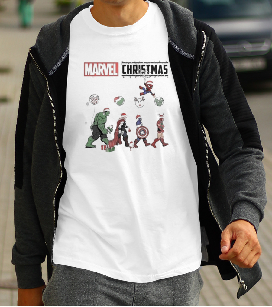 Marvel Christmas Superhero Characters In Santa Hats T-Shirt