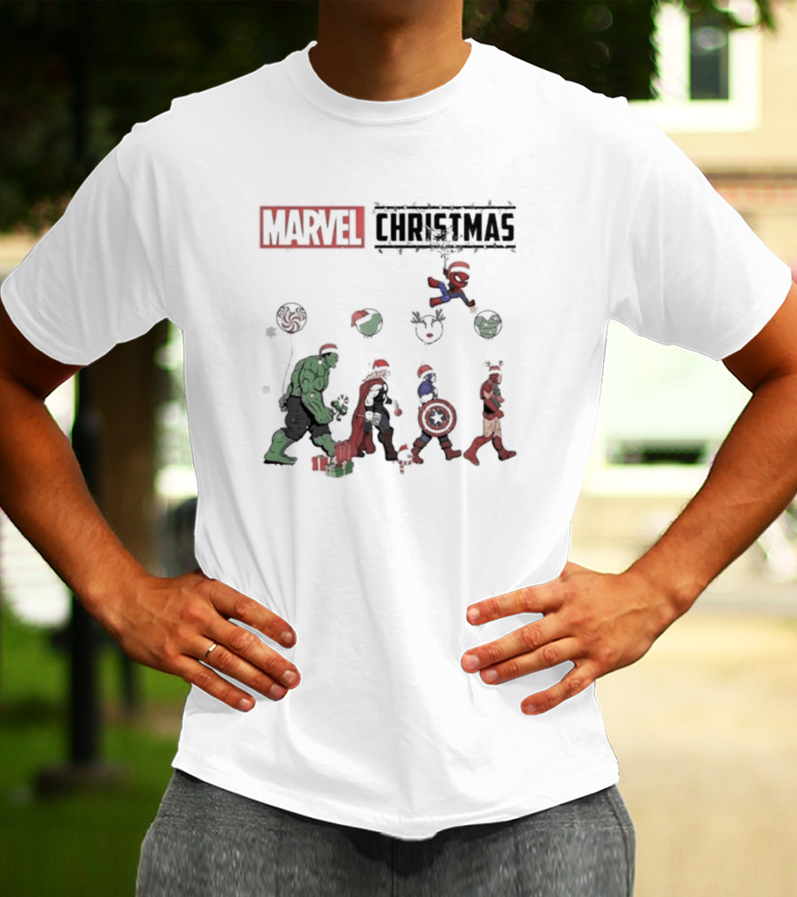 Marvel Christmas Superhero Characters In Santa Hats T-Shirt