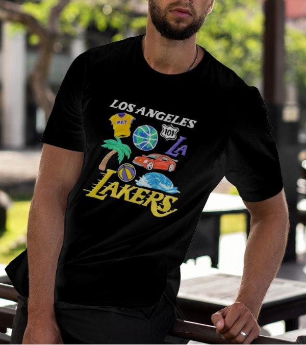 Los Angeles Lakers NBA MKT 101 Claymation LA Basketball Car Palm Wave T-Shirt