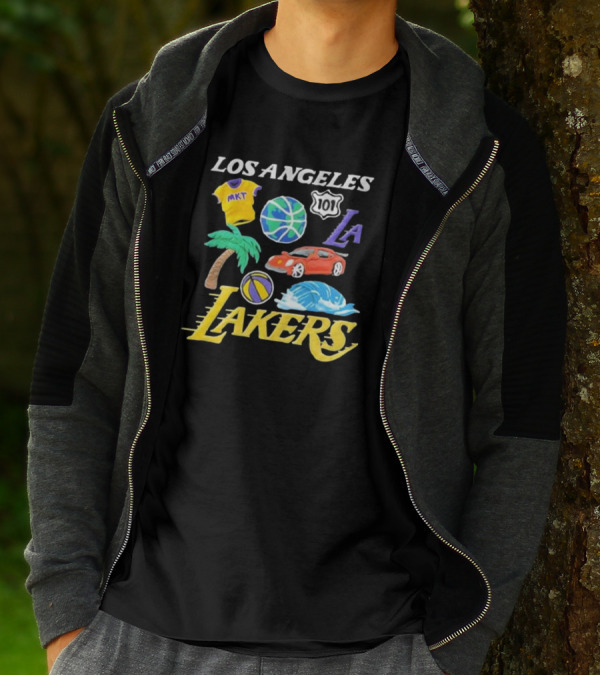 Los Angeles Lakers NBA MKT 101 Claymation LA Basketball Car Palm Wave T-Shirt