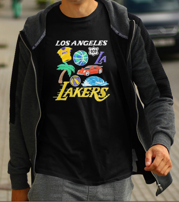 Los Angeles Lakers NBA MKT 101 Claymation LA Basketball Car Palm Wave T-Shirt