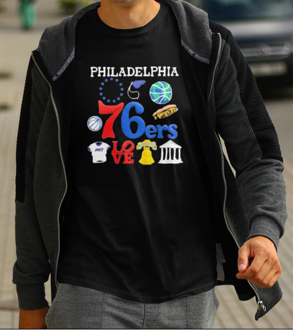 Philadelphia 76ers NBA Market Claymation Love Basketball Hotdog Liberty Bell Federal Building T-Shirt