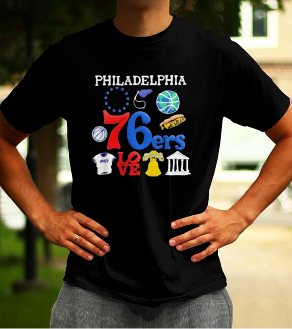 Philadelphia 76ers NBA Market Claymation Love Basketball Hotdog Liberty Bell Federal Building T-Shirt