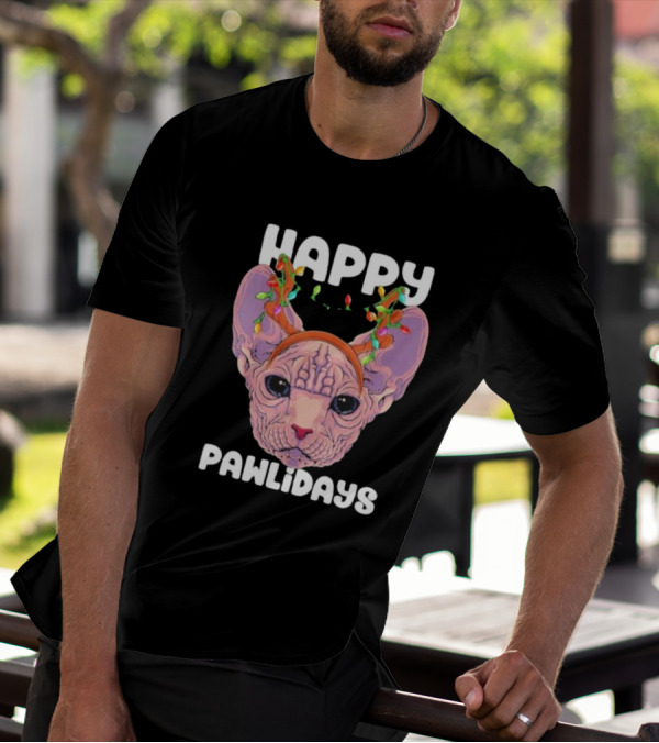 Happy Pawlidays Sphynx Cat With Christmas Lights T-Shirt