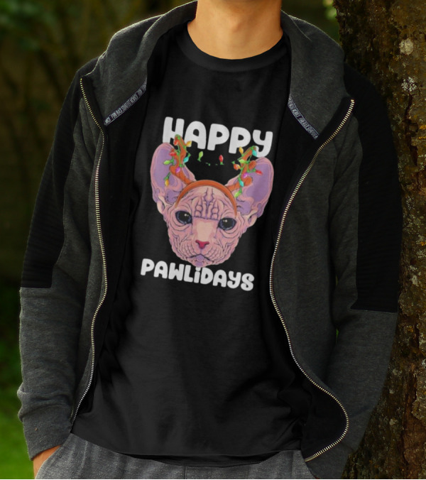 Happy Pawlidays Sphynx Cat With Christmas Lights T-Shirt