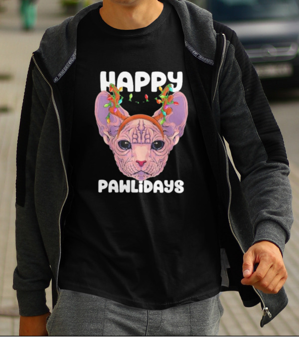 Happy Pawlidays Sphynx Cat With Christmas Lights T-Shirt