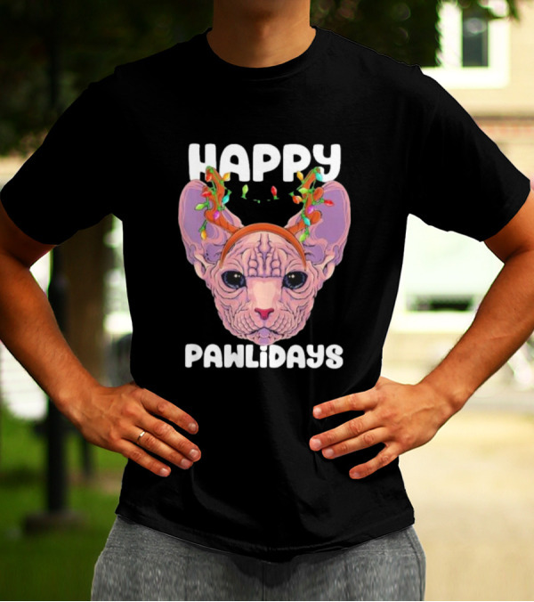 Happy Pawlidays Sphynx Cat With Christmas Lights T-Shirt