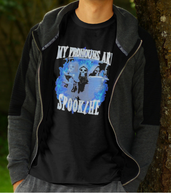 My Pronouns Are Spook He Blue Flames Grim Reaper Trio T-Shirt