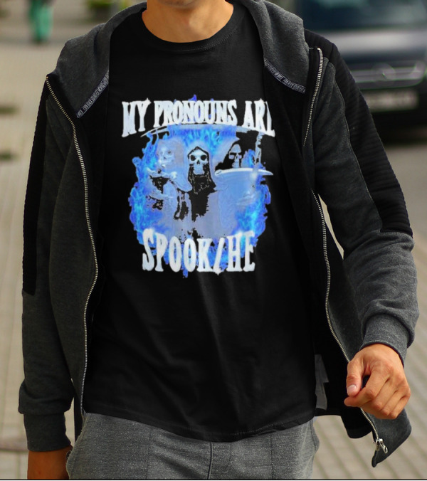 My Pronouns Are Spook He Blue Flames Grim Reaper Trio T-Shirt