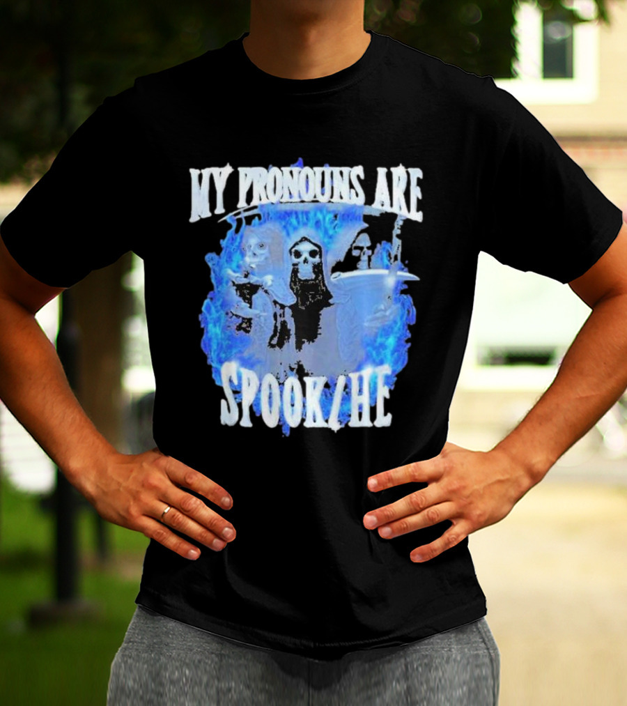 My Pronouns Are Spook He Blue Flames Grim Reaper Trio T-Shirt