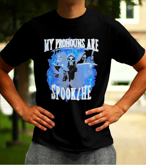 My Pronouns Are Spook He Blue Flames Grim Reaper Trio T-Shirt