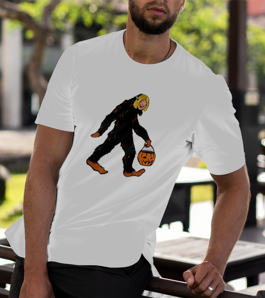 Mystical Halloween Sasquatch Holding Pumpkin Bucket Spooky Costume T-Shirt