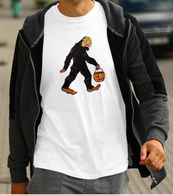 Mystical Halloween Sasquatch Holding Pumpkin Bucket Spooky Costume T-Shirt