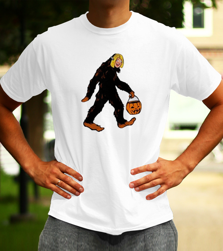 Mystical Halloween Sasquatch Holding Pumpkin Bucket Spooky Costume T-Shirt