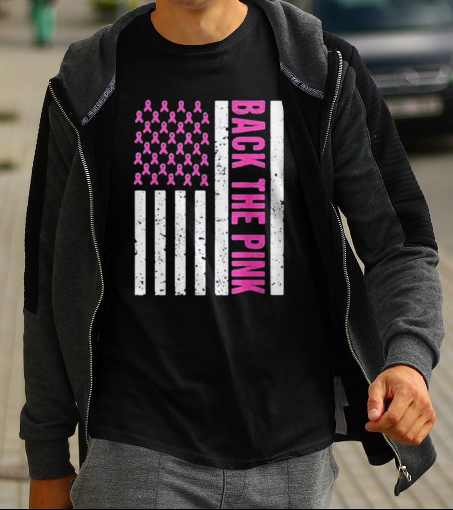 Back The Pink Breast Cancer Awareness American Flag Ribbons T-Shirt