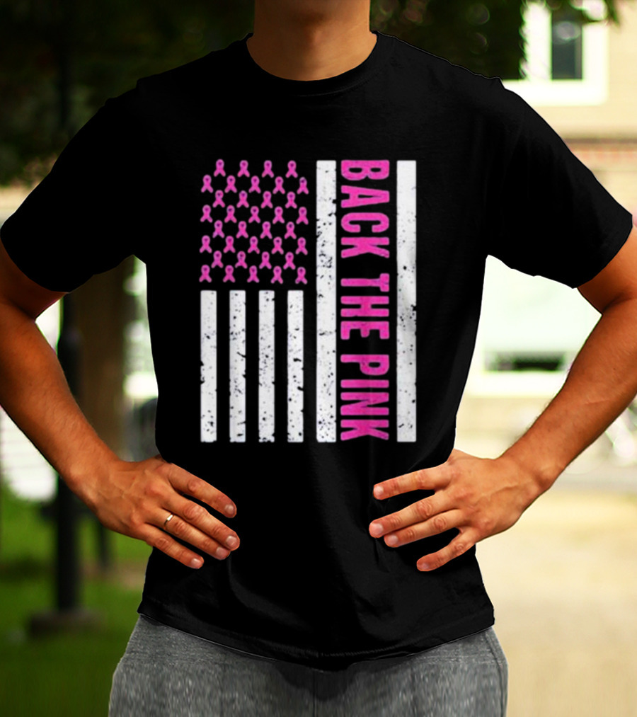 Back The Pink Breast Cancer Awareness American Flag Ribbons T-Shirt