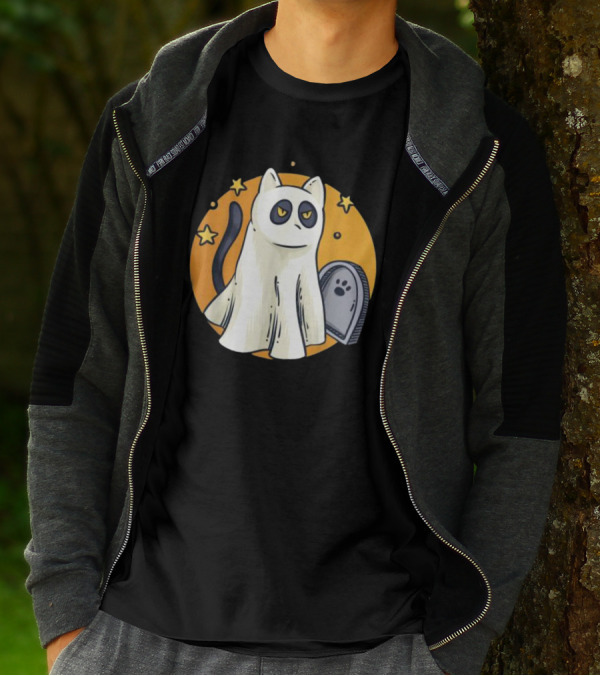 Cute Ghost Cat Halloween Outfit Black Cat With Stars And Tombstone T-Shirt