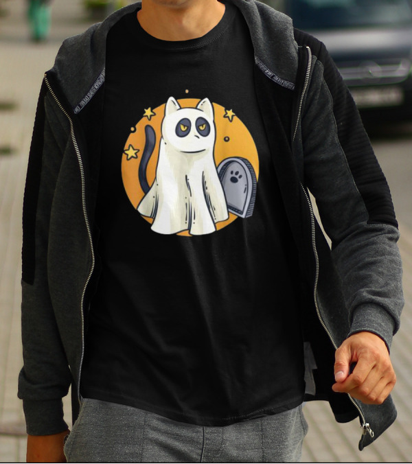 Cute Ghost Cat Halloween Outfit Black Cat With Stars And Tombstone T-Shirt