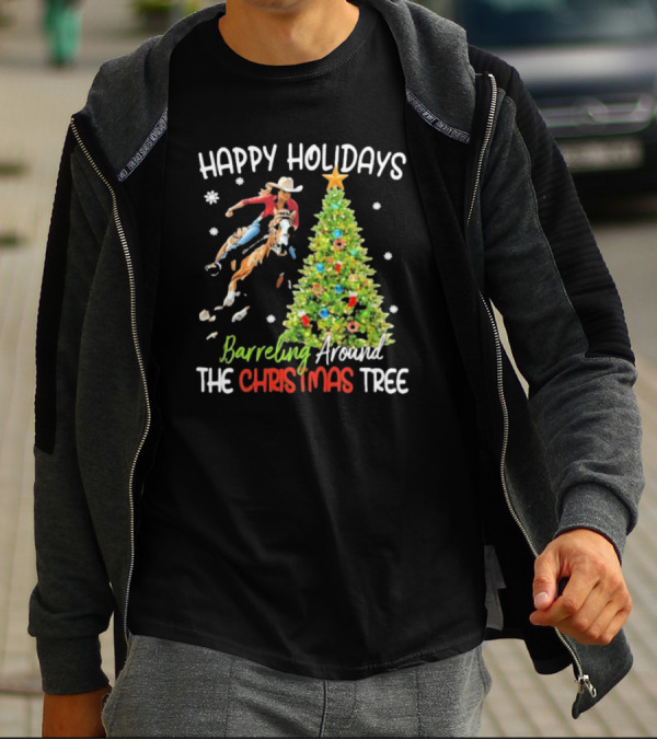 Happy Holidays Cowgirl Barrel Racing Around The Christmas Tree T-Shirt