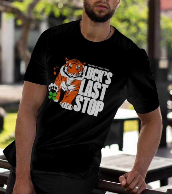 Clemson Volleyball Tiger Luck's Last Stop Tiger Paw With Clover T-Shirt