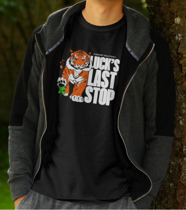 Clemson Volleyball Tiger Luck's Last Stop Tiger Paw With Clover T-Shirt