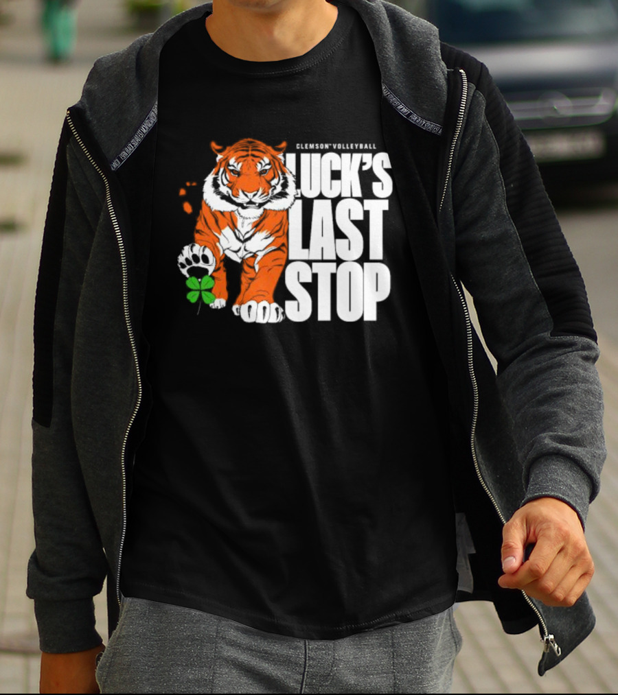 Clemson Volleyball Tiger Luck's Last Stop Tiger Paw With Clover T-Shirt