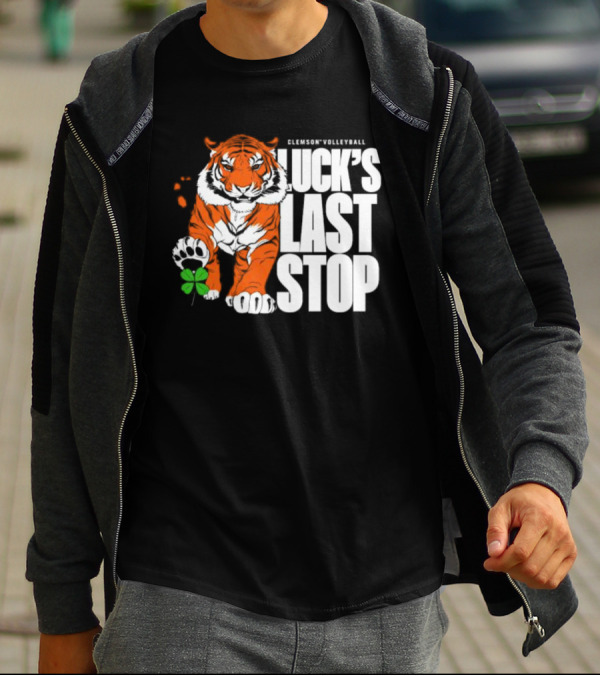 Clemson Volleyball Tiger Luck's Last Stop Tiger Paw With Clover T-Shirt