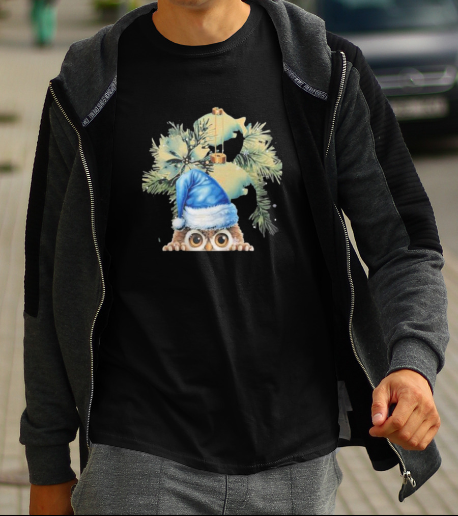 Funny Christmas Owl With Blue Santa Hat And Pine Tree Garland T-Shirt