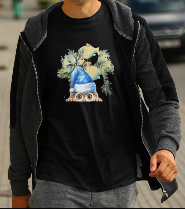Funny Christmas Owl With Blue Santa Hat And Pine Tree Garland T-Shirt