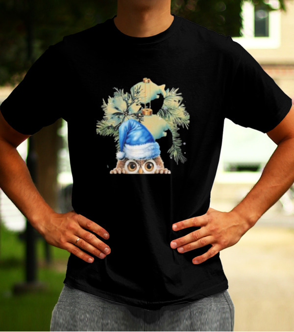 Funny Christmas Owl With Blue Santa Hat And Pine Tree Garland T-Shirt