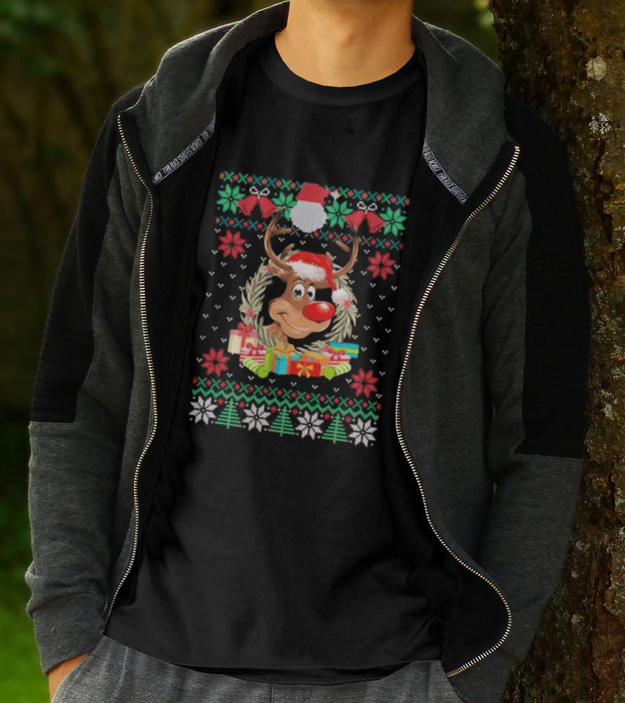 Reindeer Santa Hat Funny Ugly Christmas With Gifts And Snowflakes T-Shirt