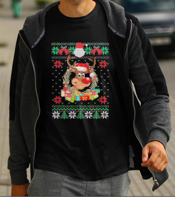 Reindeer Santa Hat Funny Ugly Christmas With Gifts And Snowflakes T-Shirt