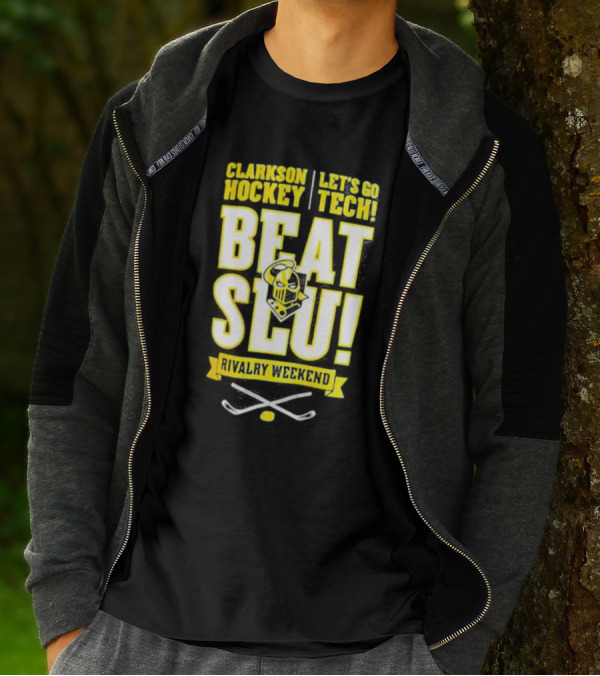 Clarkson Hockey Let's Go Tech Beat SLU Rivalry Weekend Hockey Sticks And Puck T-Shirt