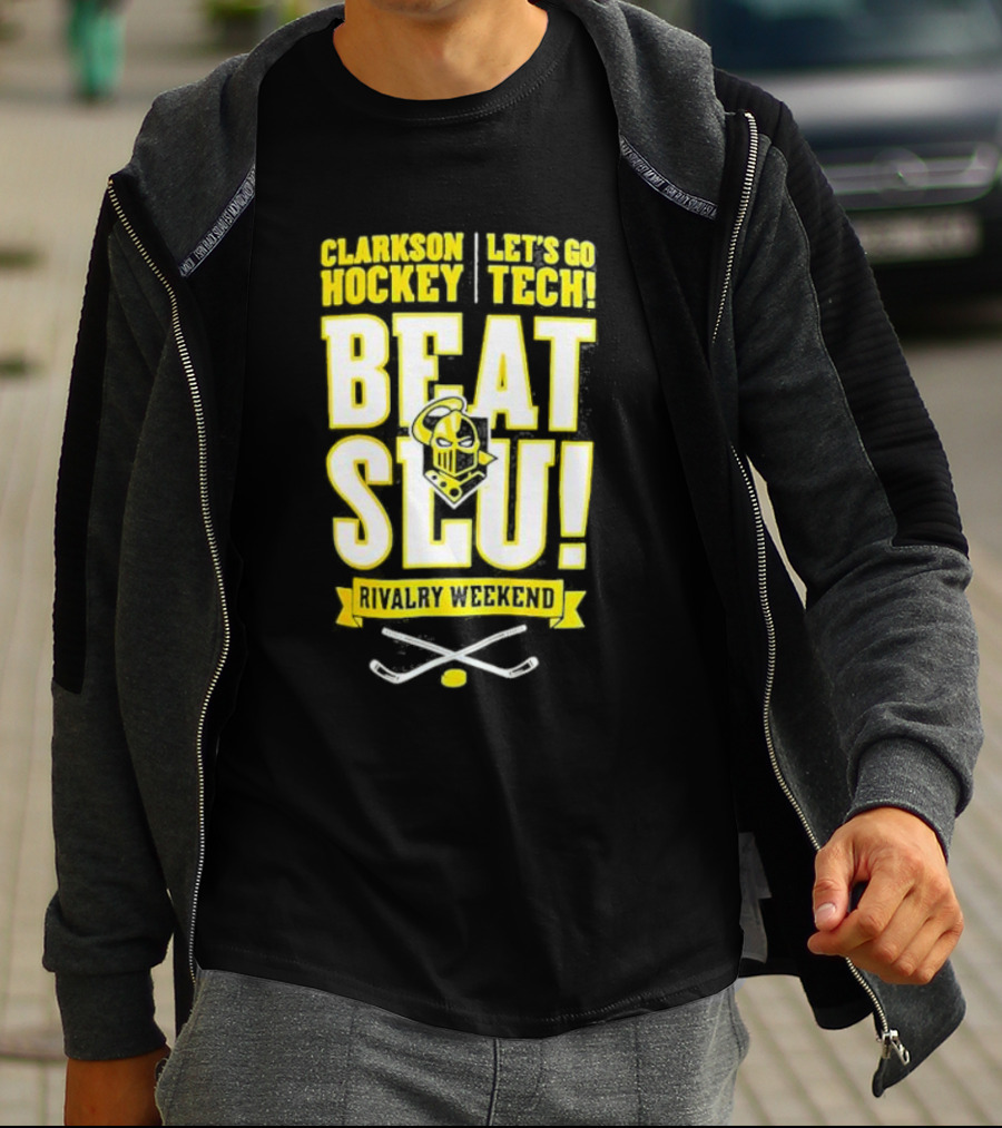 Clarkson Hockey Let's Go Tech Beat SLU Rivalry Weekend Hockey Sticks And Puck T-Shirt