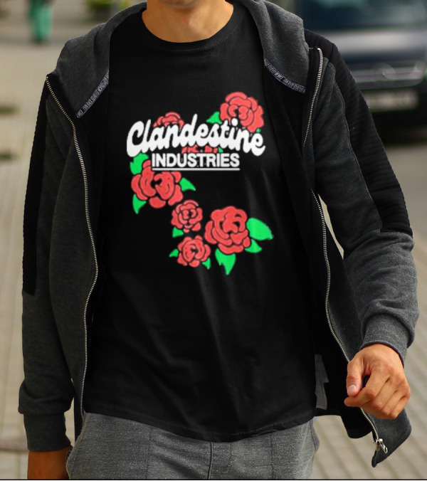 Clandestine Industries Roses Band With Red And Green Elements T-Shirt