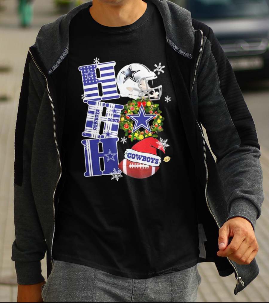 Dallas Cowboys Ho Ho Ho Merry Christmas Football Helmet Wreath Snowflakes T-Shirt