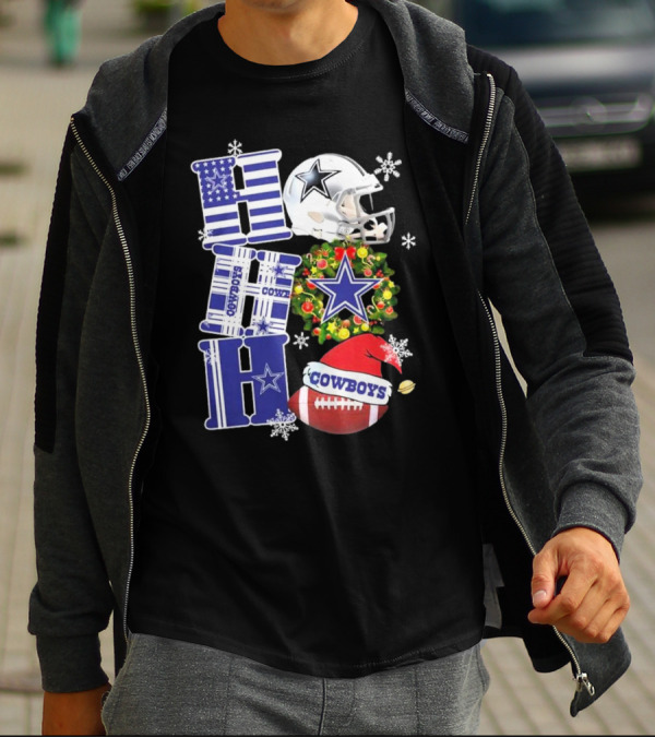 Dallas Cowboys Ho Ho Ho Merry Christmas Football Helmet Wreath Snowflakes T-Shirt