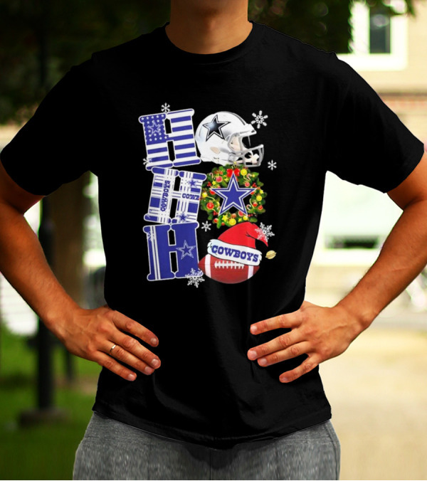 Dallas Cowboys Ho Ho Ho Merry Christmas Football Helmet Wreath Snowflakes T-Shirt