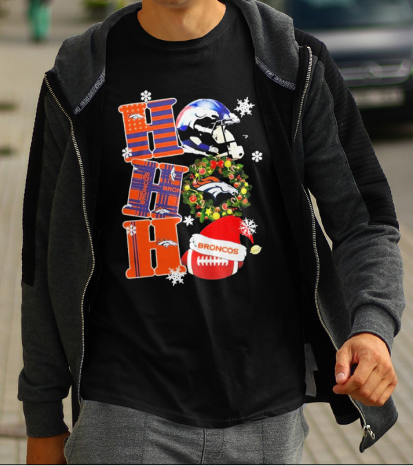 Denver Broncos Ho Ho Ho Merry Christmas Football Helmet Wreath Snowflakes Santa Hat T-Shirt