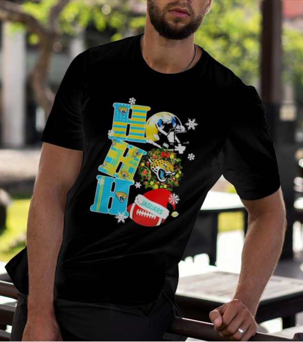 Jacksonville Jaguars Ho Ho Ho Merry Christmas Football Santa Hat Snowflakes Wreath T-Shirt
