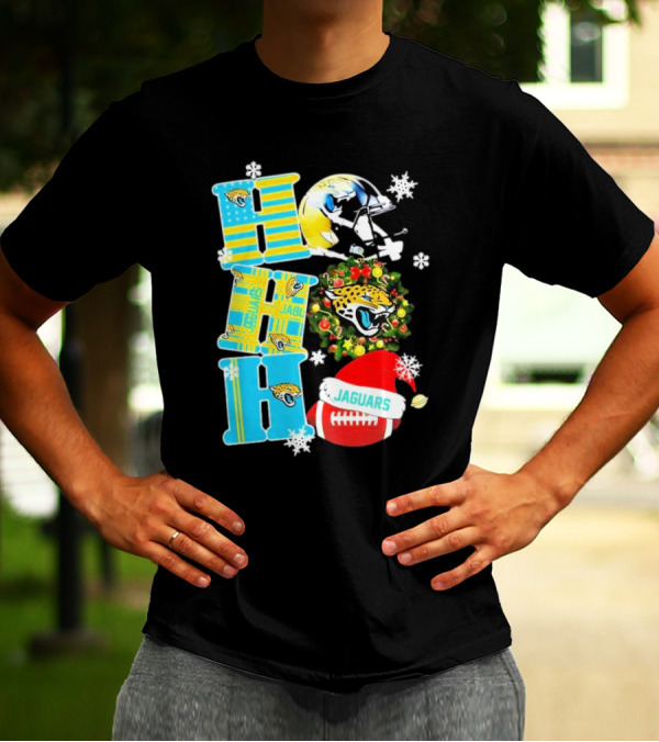 Jacksonville Jaguars Ho Ho Ho Merry Christmas Football Santa Hat Snowflakes Wreath T-Shirt