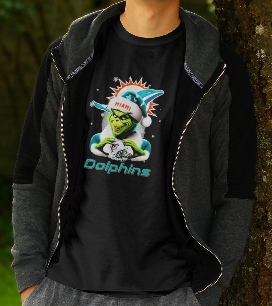 Miami Dolphins Christmas Grinch Santa Hat T-Shirt