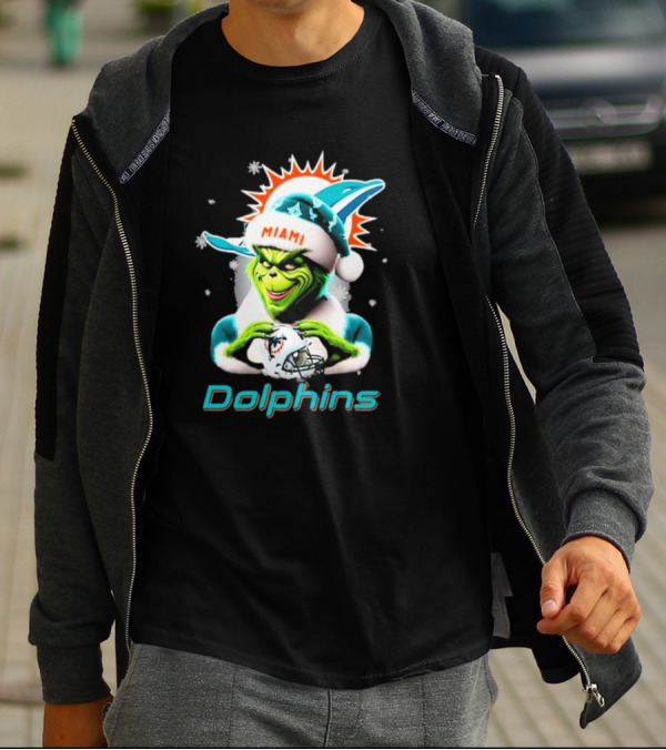 Miami Dolphins Christmas Grinch Santa Hat T-Shirt