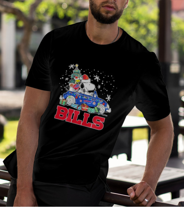 Peanuts Snoopy Woodstock Christmas Car Buffalo Bills Flag Winter Snowflakes T-Shirt