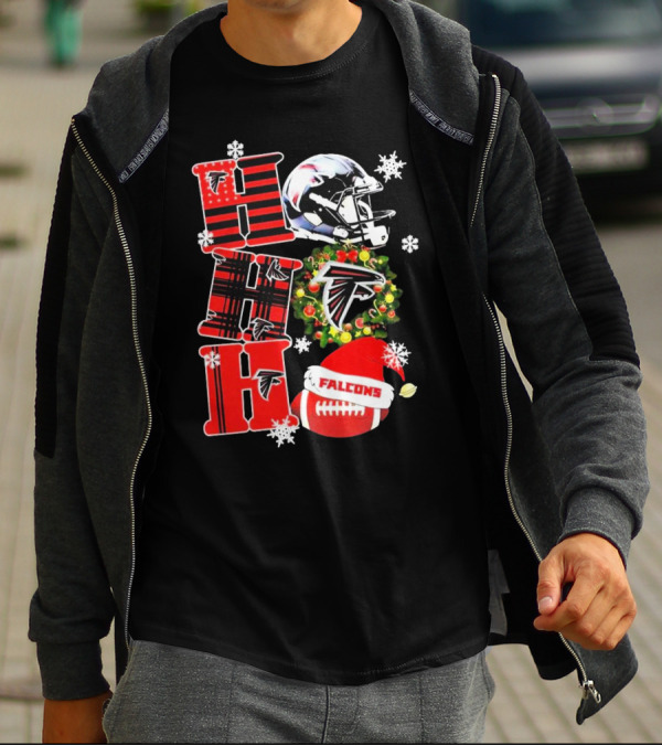 Atlanta Falcons Ho Ho Ho Merry Christmas Helmet Wreath Snowflakes Football Holiday T-Shirt