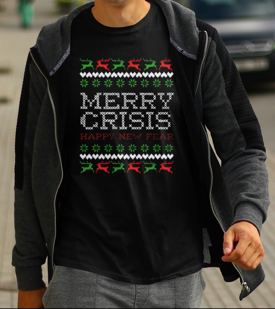 Merry Crisis Happy New Fear Ugly Christmas Sweater Style Cross-Stitch Reindeer T-Shirt