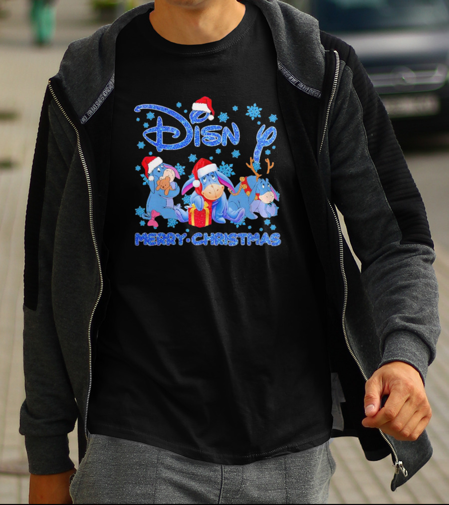 Disney Eeyore Santa Hat Winnie-the-Pooh Merry Christmas Snowflakes T-Shirt
