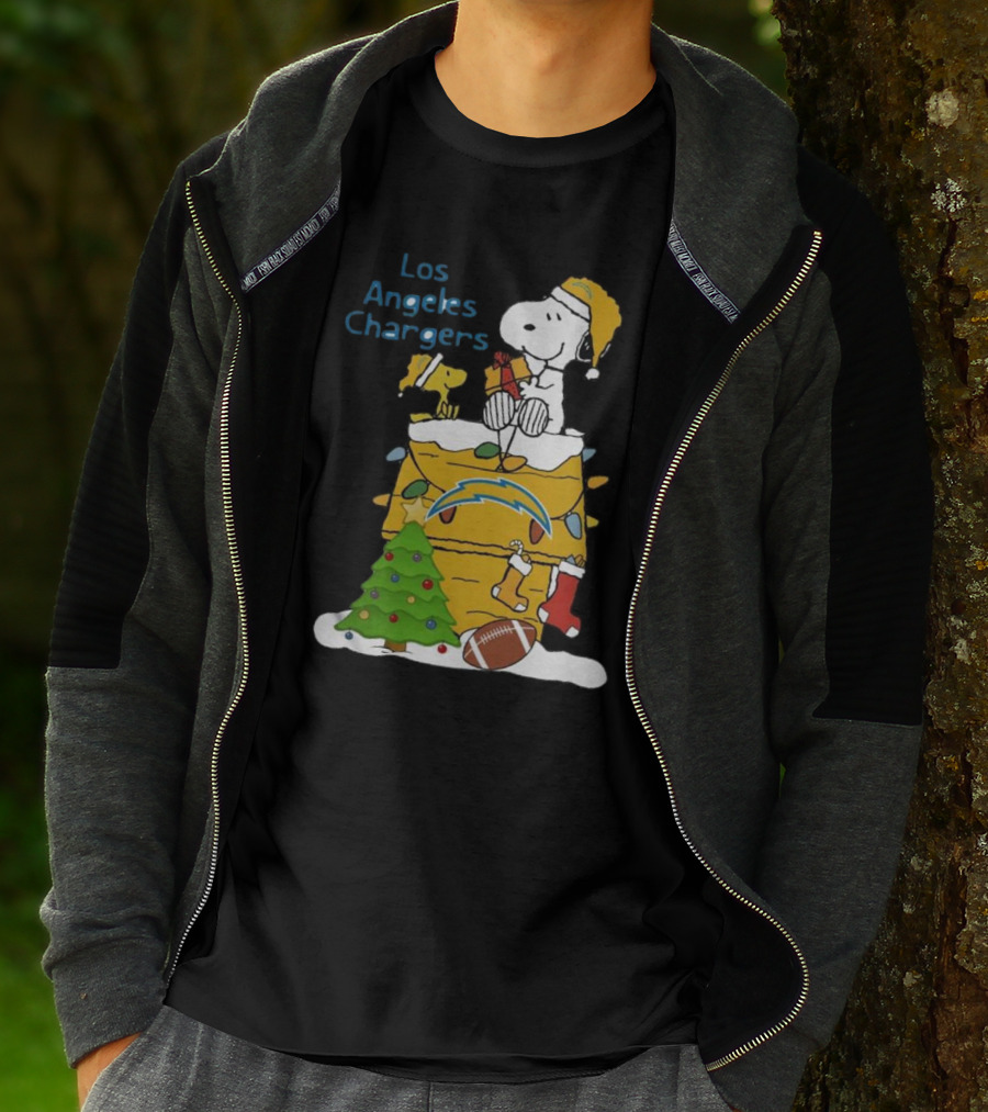 Santa Snoopy Woodstock Los Angeles Chargers Christmas Tree Football Socks T-Shirt