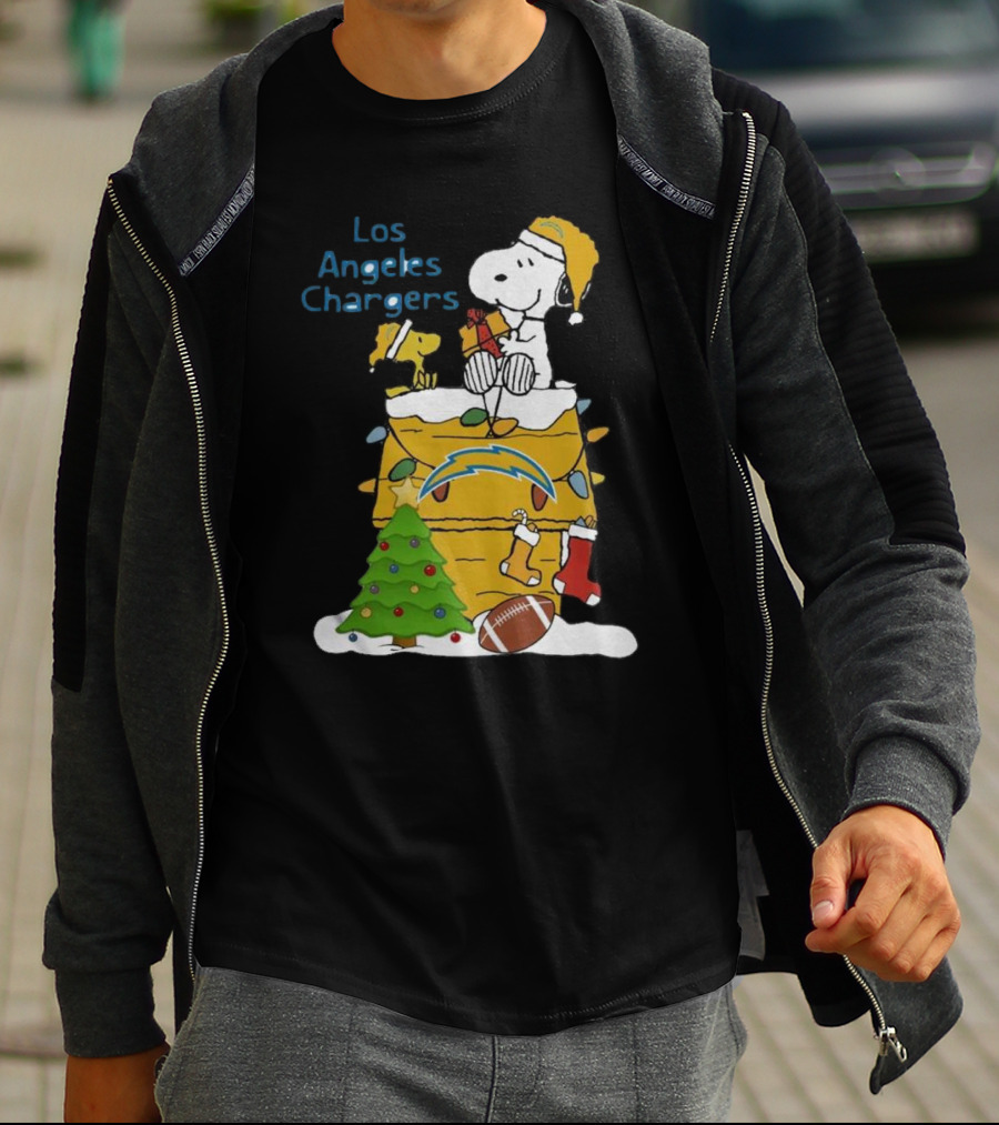 Santa Snoopy Woodstock Los Angeles Chargers Christmas Tree Football Socks T-Shirt