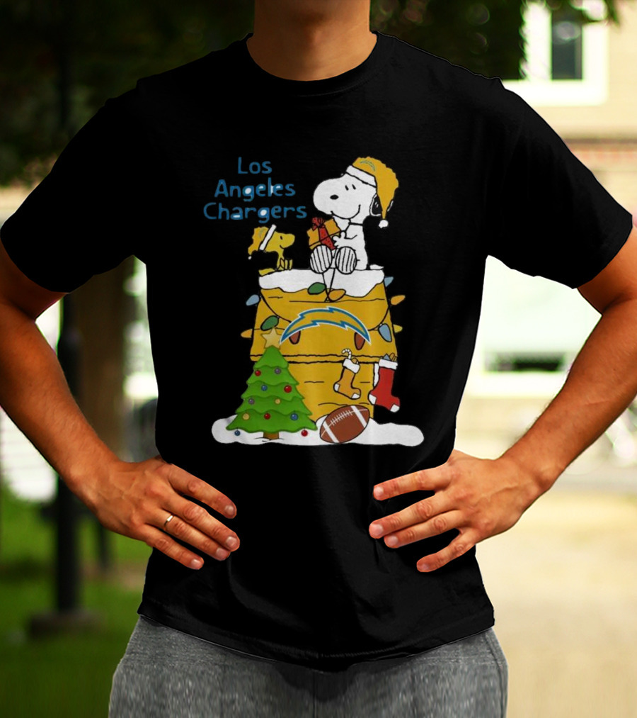 Santa Snoopy Woodstock Los Angeles Chargers Christmas Tree Football Socks T-Shirt